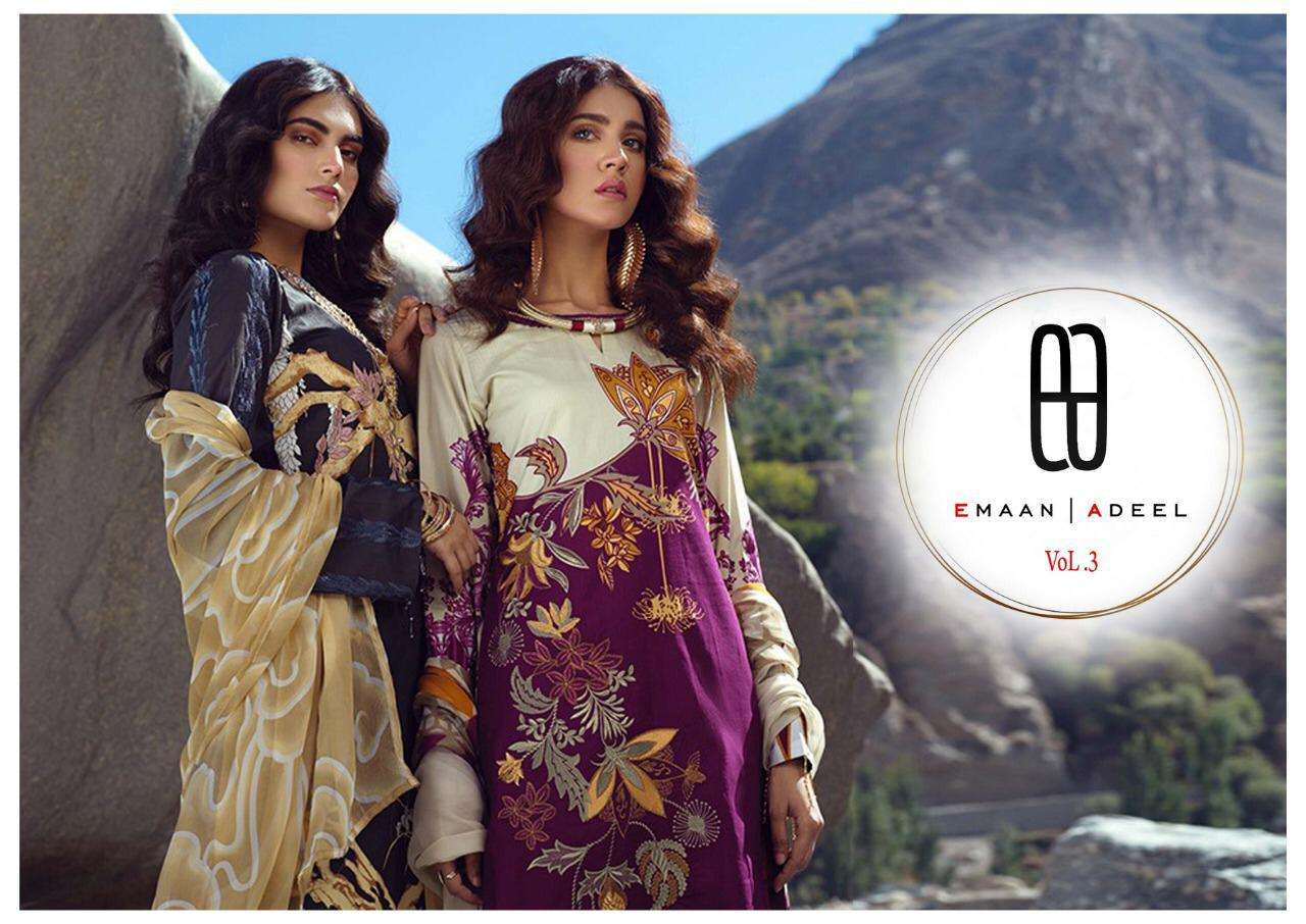 Emaan Adeel Vol 3 Pure lawn With Fancy Print dress Material ...