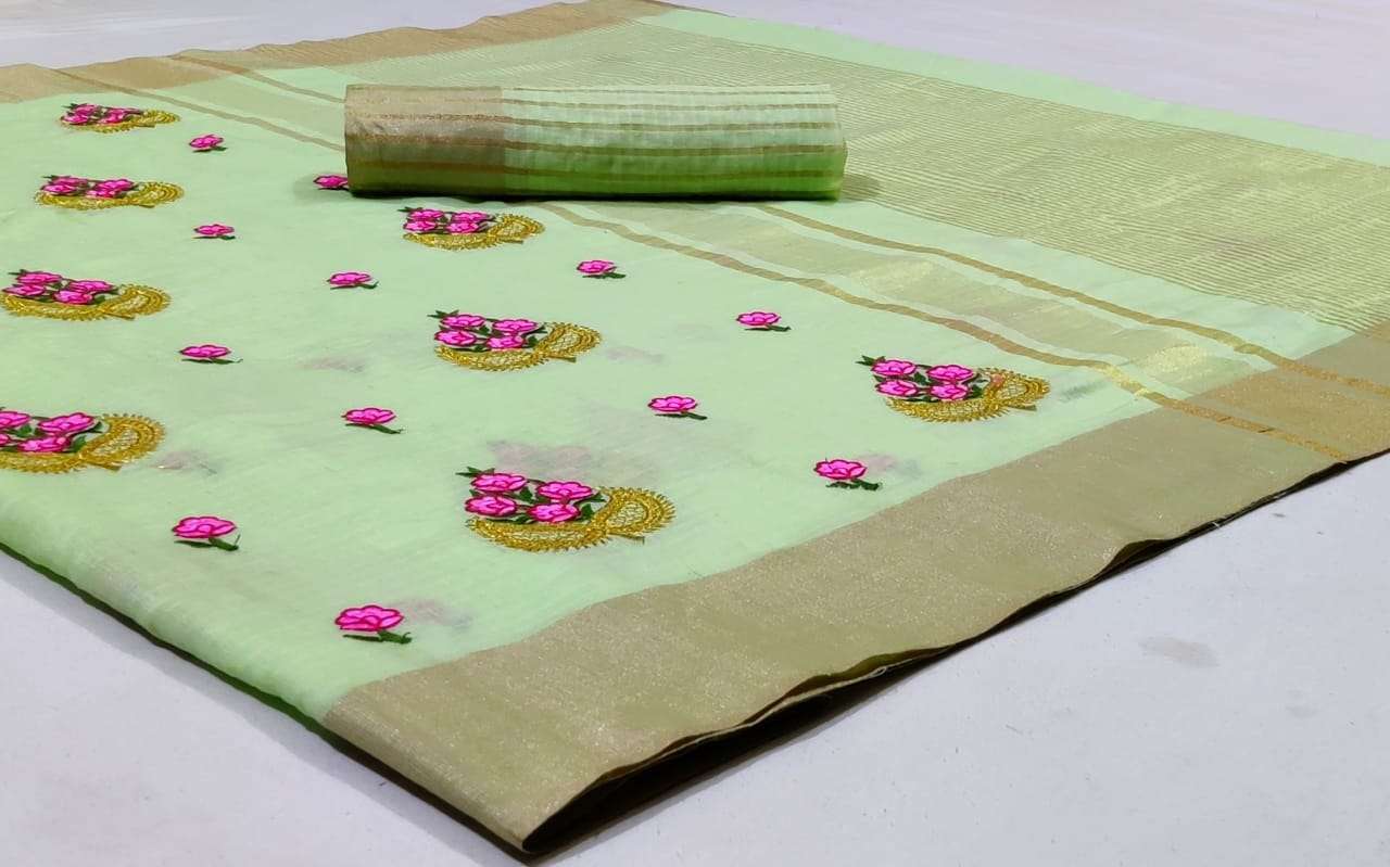 Linen Vol 10 Zari Weaving With Embroidery Work Sarees Collec...