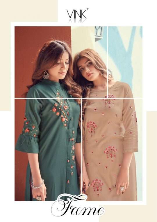 Vink Fame Premium rayon Cotton With Embroidery Work kurti Wi...