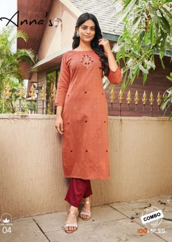 100 Miles Annas Cotton With Embroidery Work Kurti With Pant ...