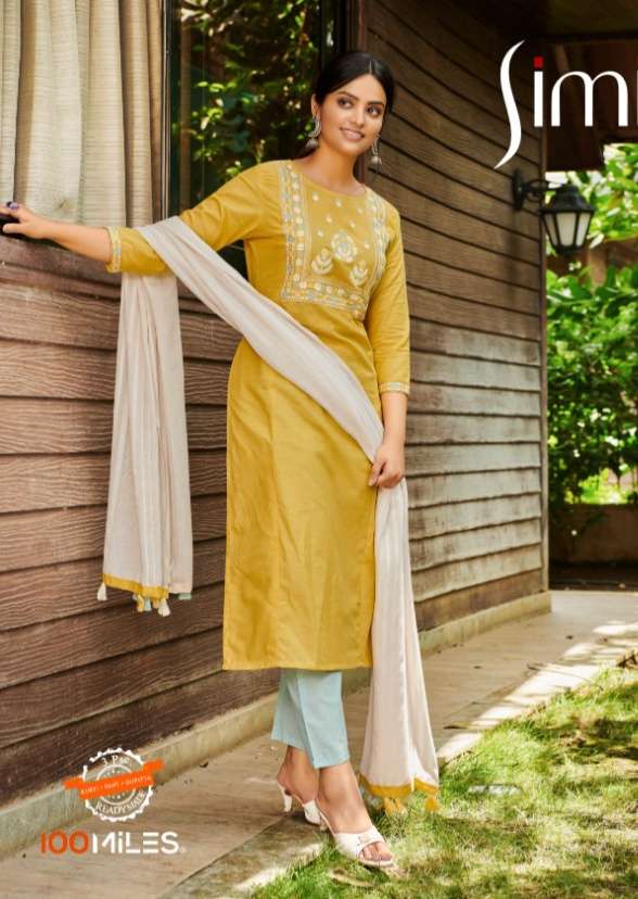 100 Miles Simi Cotton With embroidery Work Kurti with Pant D...