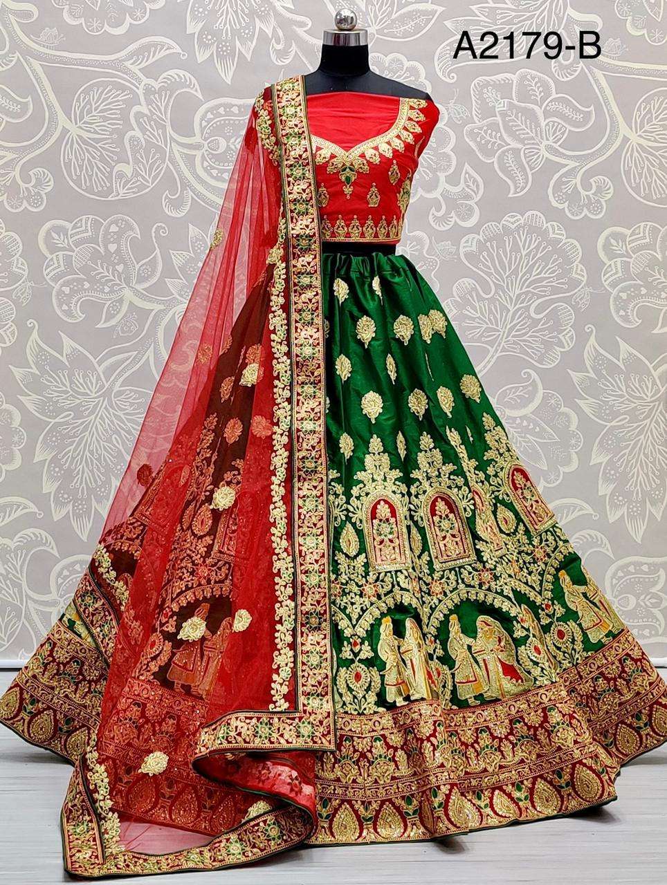 A2179 silk and velvet dori embroidery work bridal wear lehen...