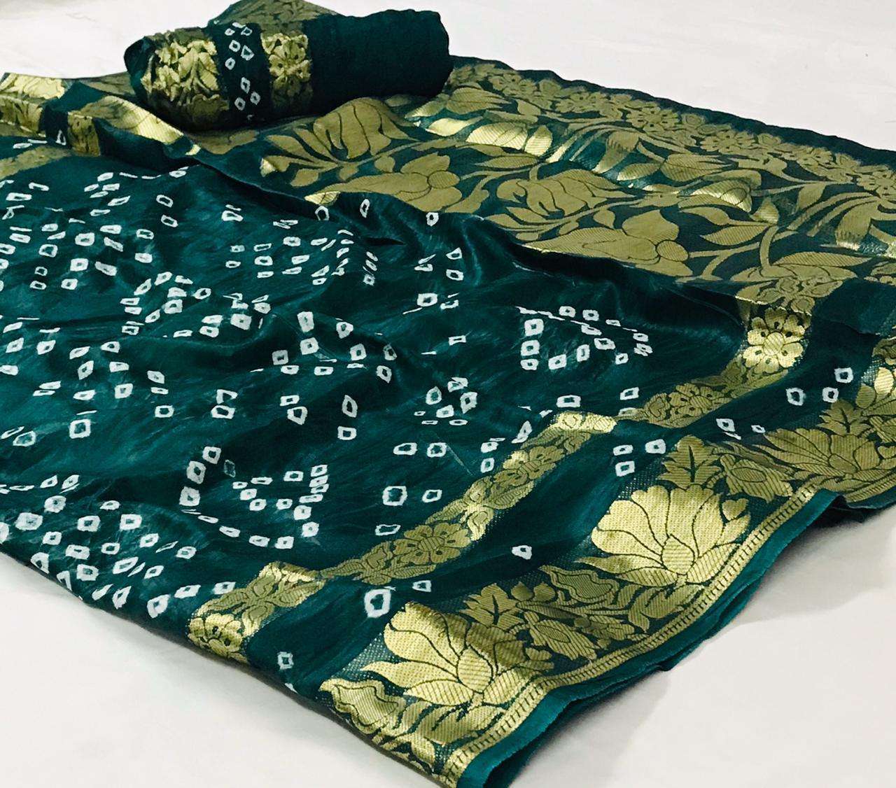 Art Silk With Zari Weaving Border Bandhej GREEN Sarees Colle...