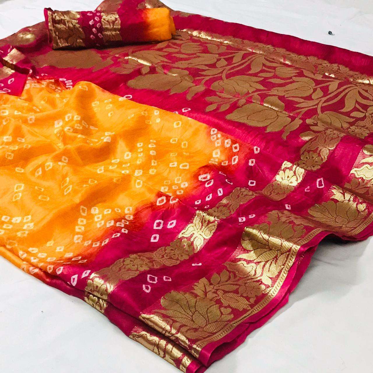 Art Silk With Zari Weaving Border Bandhej Sarees Collection ...