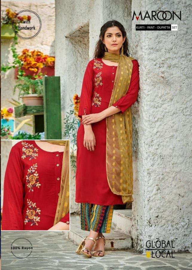 Global Local Maroon Rayon With Hand Work Kurti with pant Dup...
