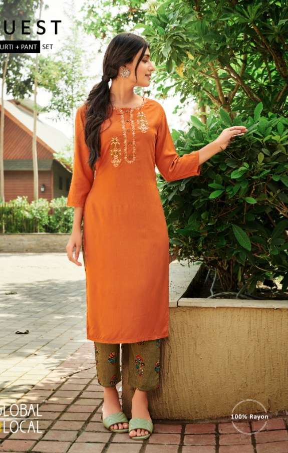 Global Local Quest Rayon With Embroidery Work Kurti With pan...