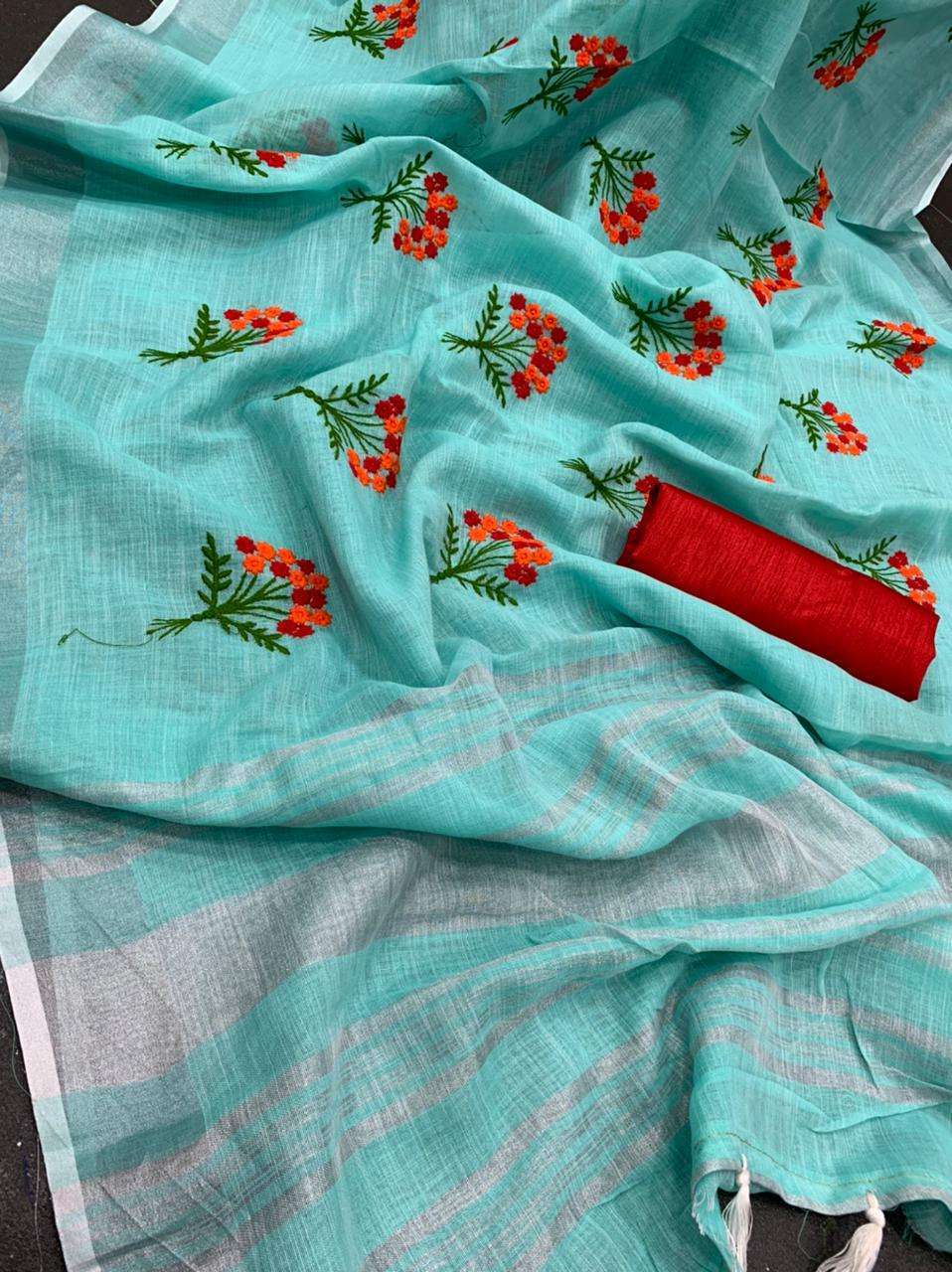 Linen Cotton With Fancy Embroidery Work Sarees Collection 02