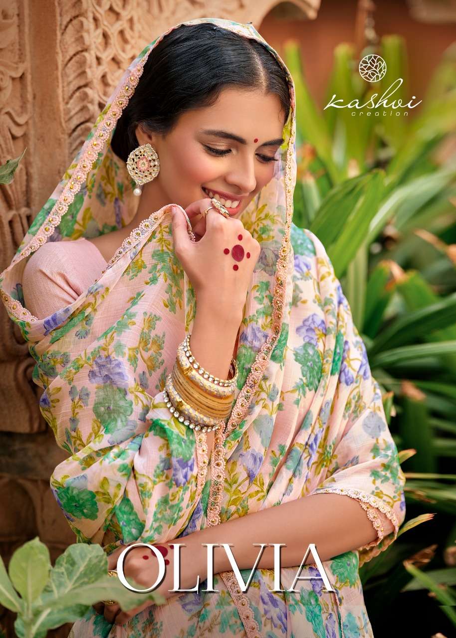 LT Fabrics Kashvi Olivia Chiffon Printed with fancy Lace Sar...