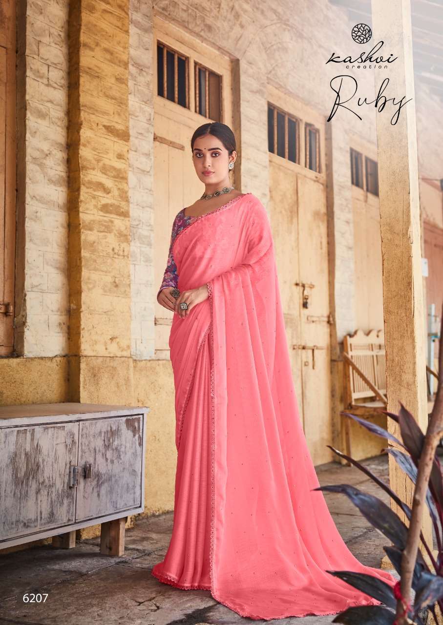 Lt Fabrics Kashvi Ruby Moss Chiffon With Sequence Blouse Sar...