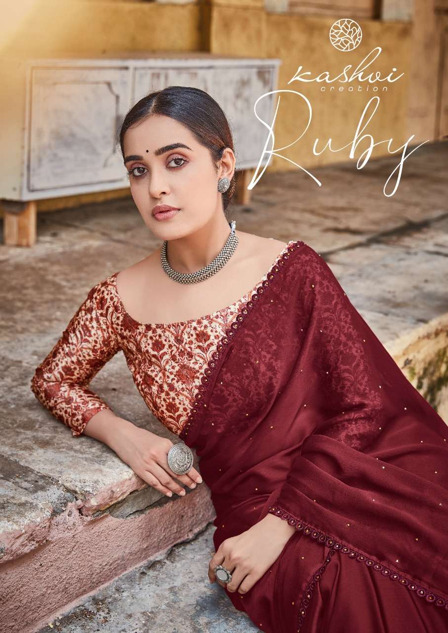 LT fabrics Kashvi Ruby Moss chiffon With Sequence Blouse Sar...