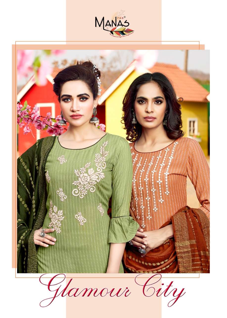 Manas Fab Glamour City Rayon with Coding Embroidery Work Kur...