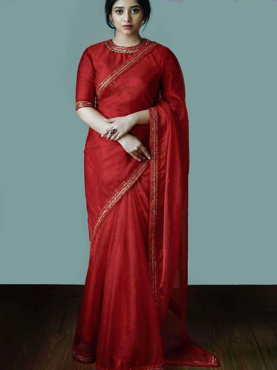 ORGENZA WITH SEQUENCE WORK PARTY WEAR RED SAREE COLLECITON