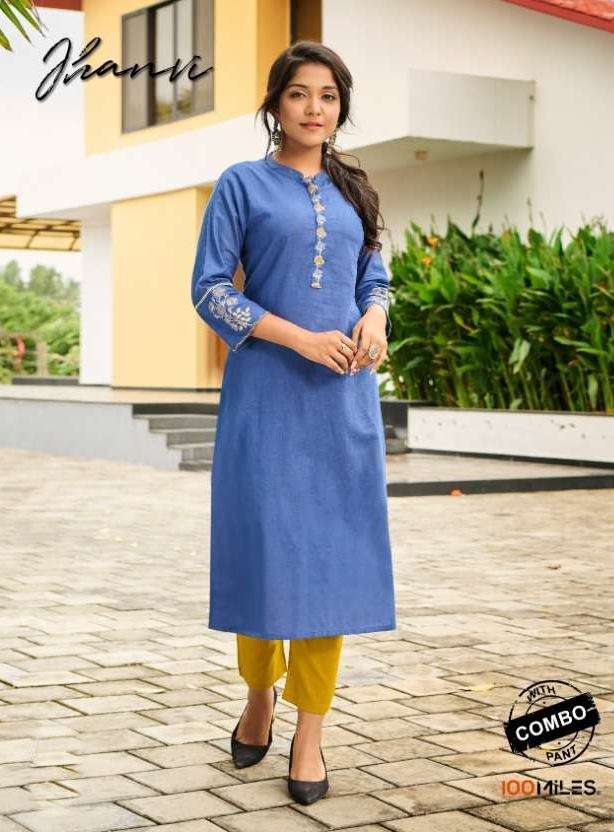 100 Miles Jhanvi Cotton With Embroidery Work Kurti With Pant...