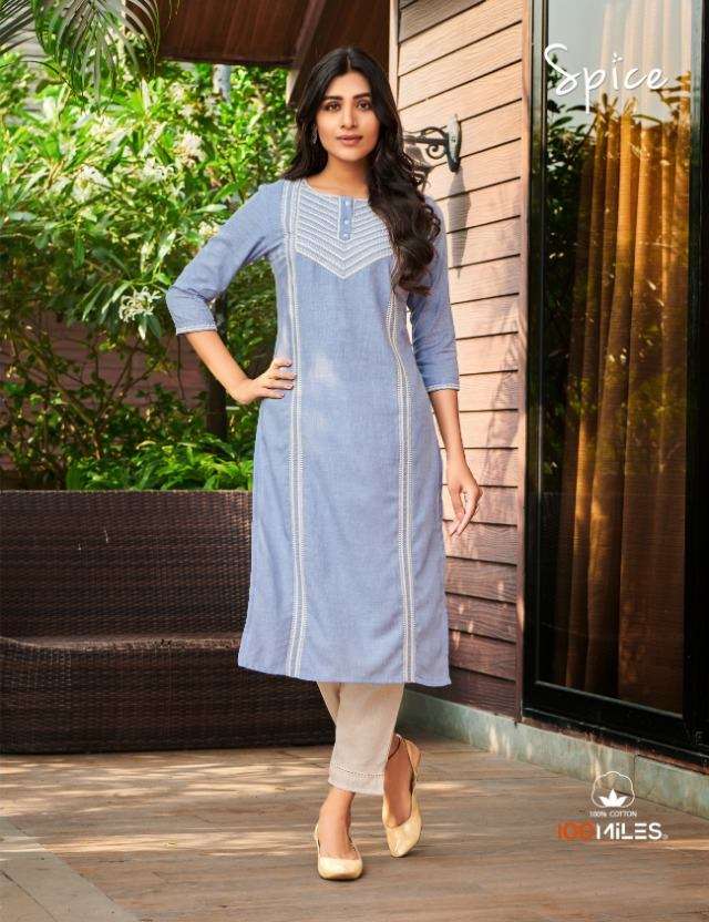 100 MILES SPICE LINEN COTTON WITH FANCY WORK KURTIS COLLECTI...