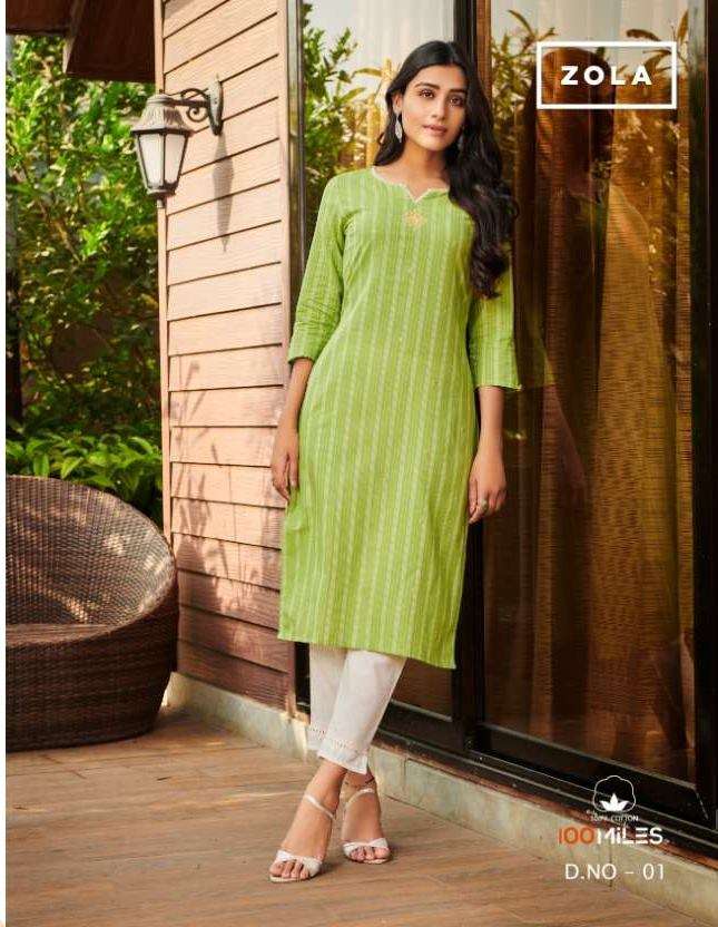 100 Miles Zola Cotton With Fancy Work Kurtis collection