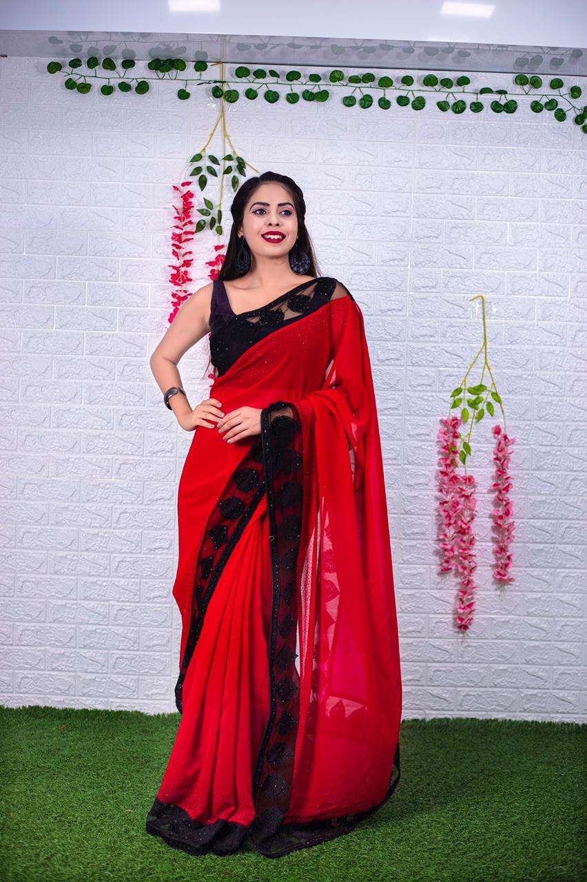 112 GEORGETTE WITH EMBROIDERY BORDER RED PARTY WEAR SAREE