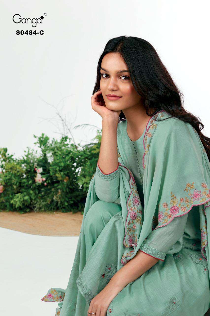 Ganga Binah 484 Series Bemberg Silk Solid With Embroidery Wo...