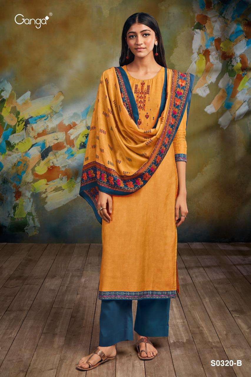 Ganga greetha 320 Series Bemberg Silk printed With Embroider...