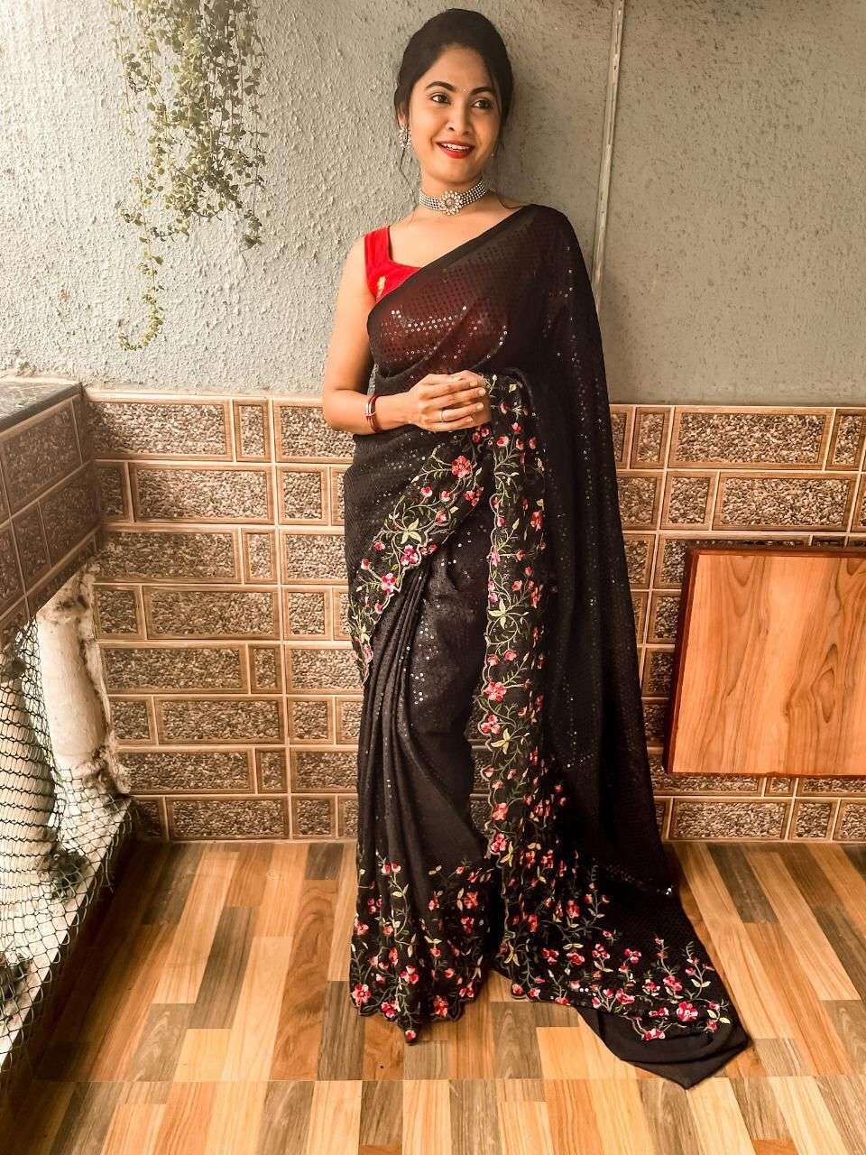GEORGETTE WITH SEQUNCE WORK BLACK PARTY WEAR SAREE COLLECTIO...