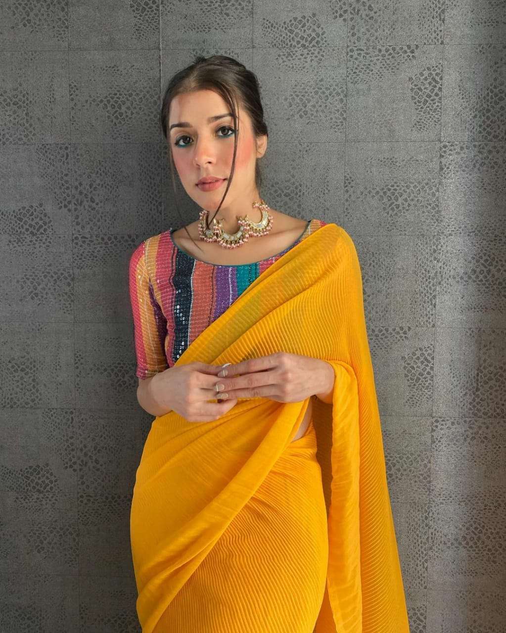 Heavy Georgette Crush With Designer Pattern YELLOW Saree COL...