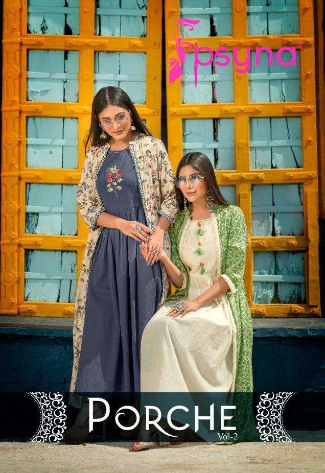 Psyna Porche Vol 2 rayon With Fancy Work Kurti With Long Shr...