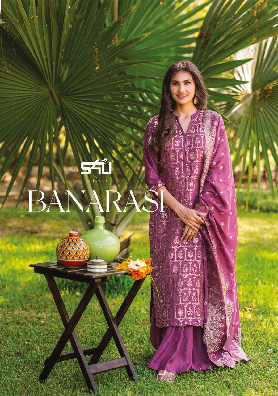 S4U Banarasi Fancy Hand Work Kurtis With Sharara Dupatta Col...