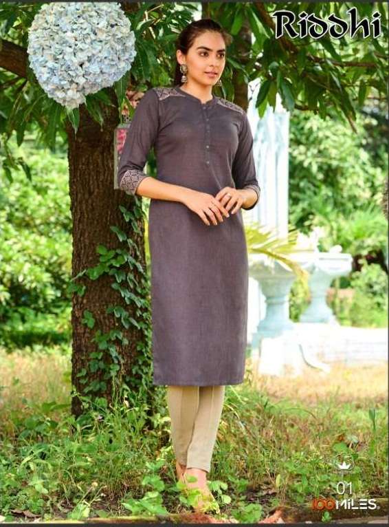 100 Miles Riddhi Linen Cotton With Embroidery Work Kurtis Co...