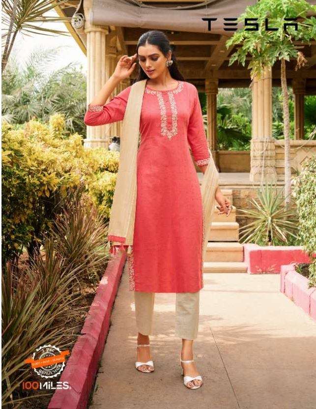 100 Miles Tesla Cotton With Embroidery Work Kurti With Pant ...