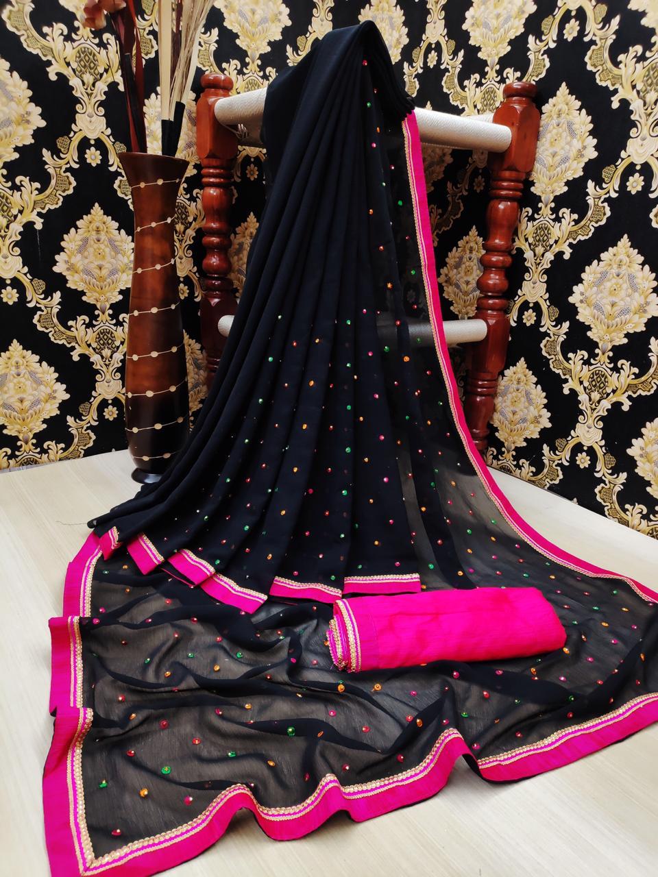 Non Catalog Moss Chiffon With Embroidery Thread Work Sarees ...