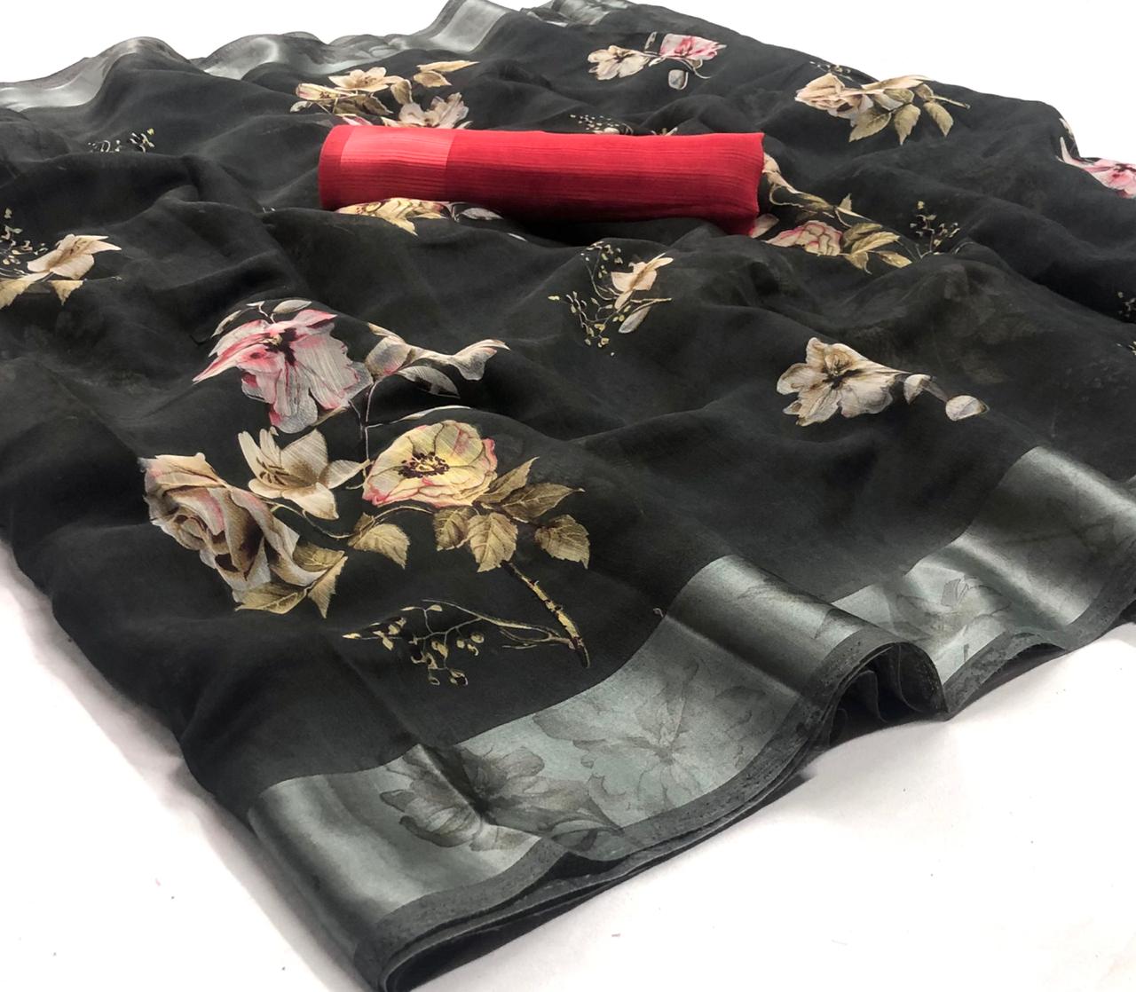 Silk Route Designer Floral Printed Soft Linen Silk Sarees At...