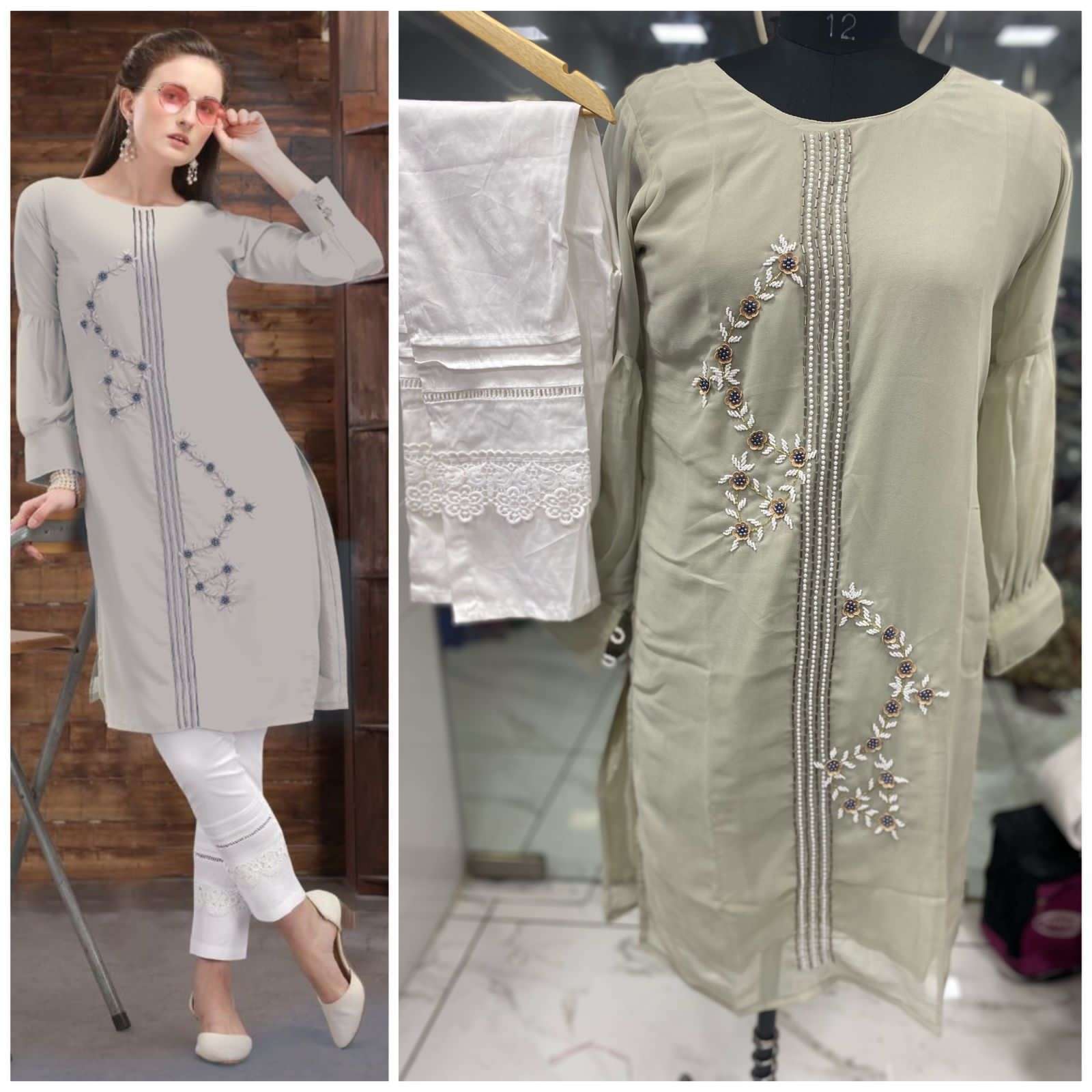 Floral Georgette Hand Work Kurti With Pant Collection 03