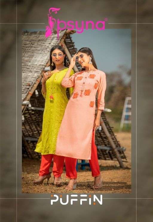 Psyna Puffin Rayon With Embroidery Hand Work Kurtis Collecti...