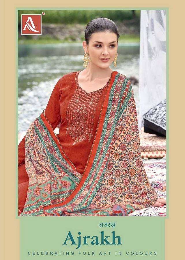 Alok suits Ajrak Wool Pashmina with Embroidery Work Dress Ma...