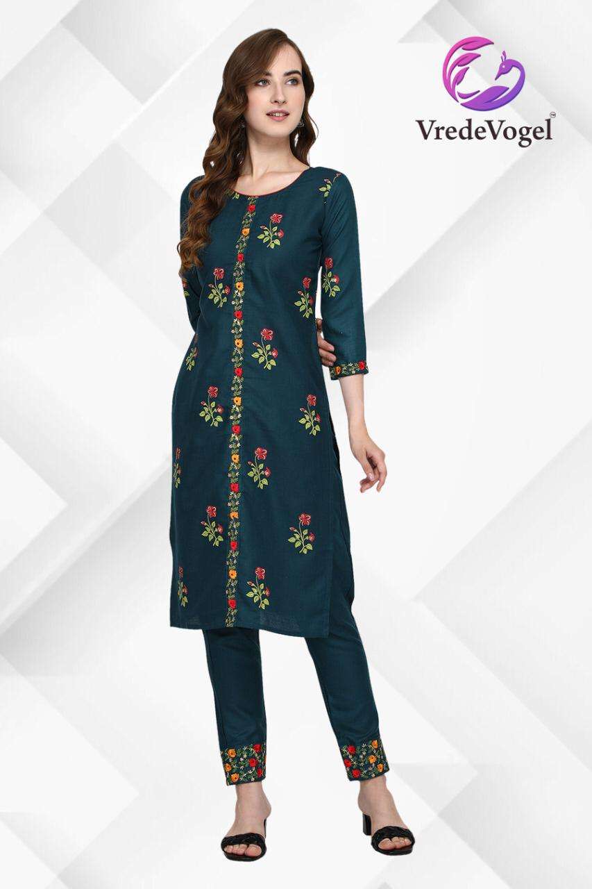 Fabulous Cotton Foil Print With Embroidery Work Kurti Pant C...