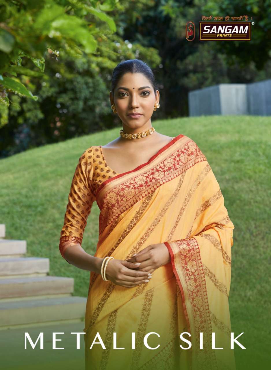 Sangam print metallic silk with weaving designer saree colle...