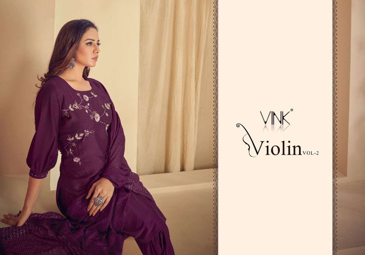 Vink Violin Vol 2 Silk With Work Kurti With Sharara And dupa...