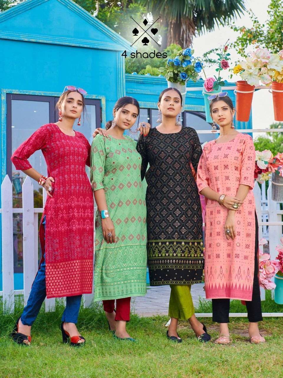 4 shades simple dimple printed rayon with work readymade kur...
