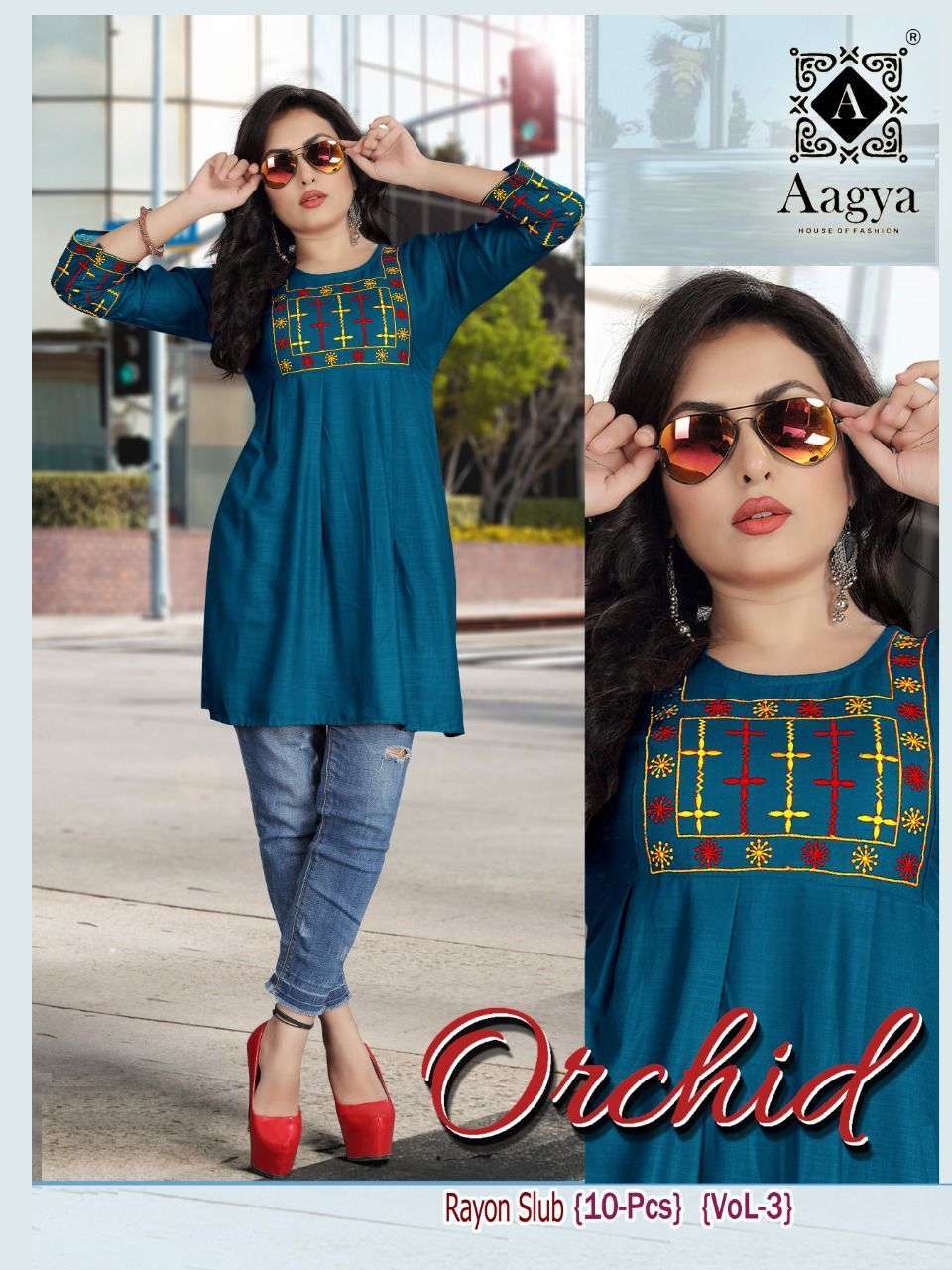Aagya orchid vol 3 rayon with work readymade kurtis at Whole...