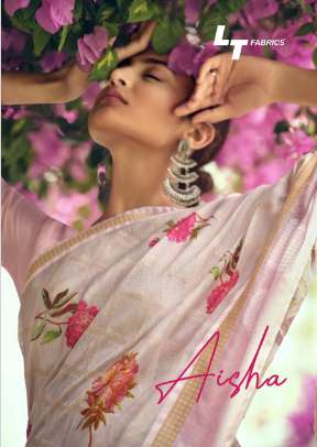 LT Fabrics Aisha Designer Floral Printed Linen Silk Sarees C...