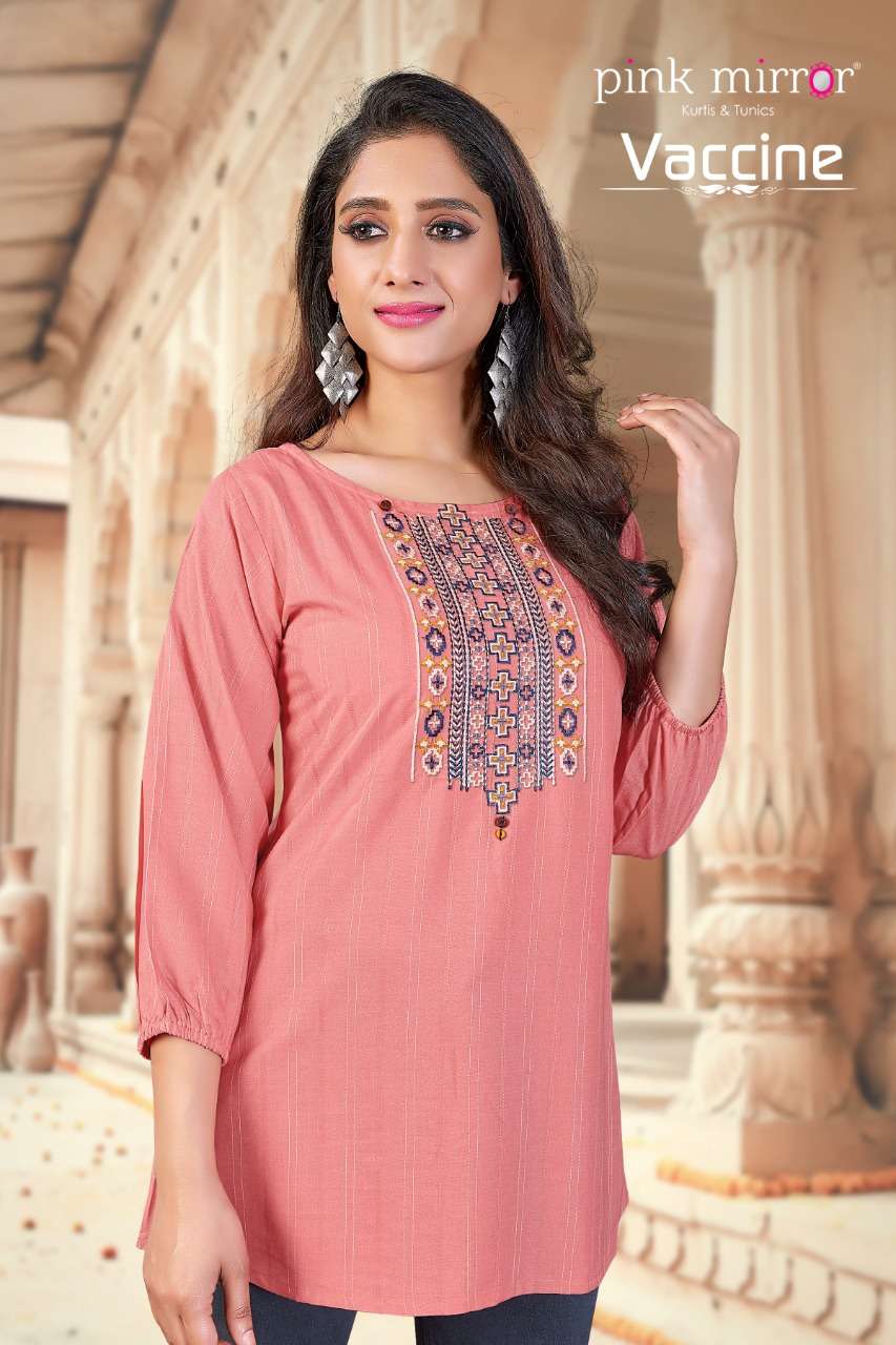 Pink Mirror Vaccine Viscose with Embroidery Work Short Kurti...