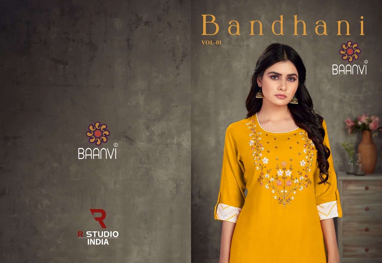 Baanvi bandhani vol 1 rayon with embroidery work readymade k...