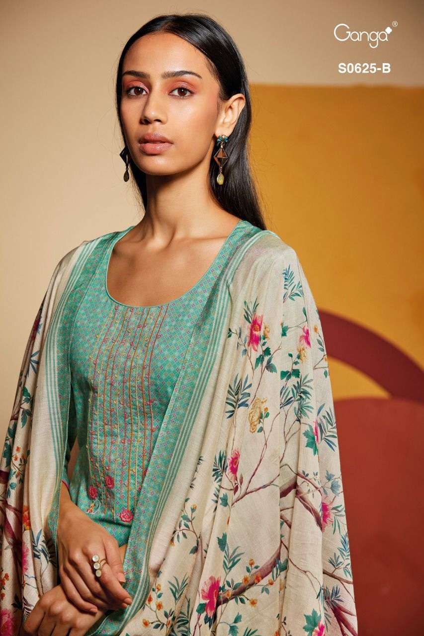 Ganga elina 625 printed muslin silk with embroidery work dre...