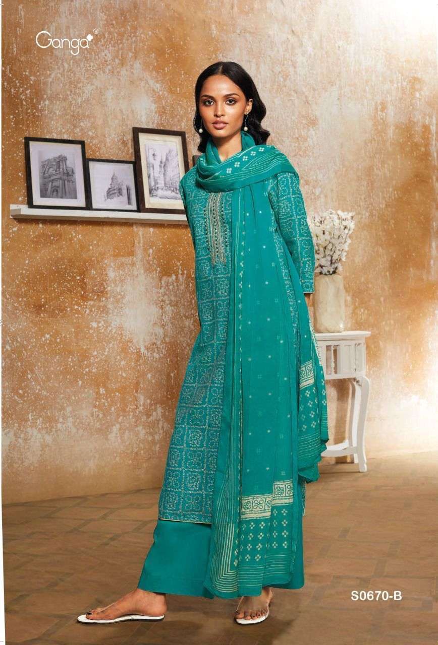 Ganga kasumi 670 cotton satin with embroidery work dress mat...