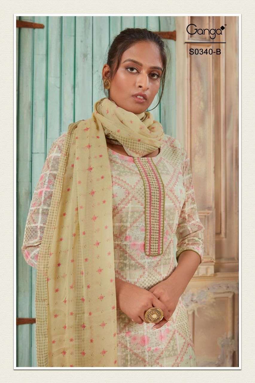 Ganga mahonia 340 printed linen with handwork dress material...