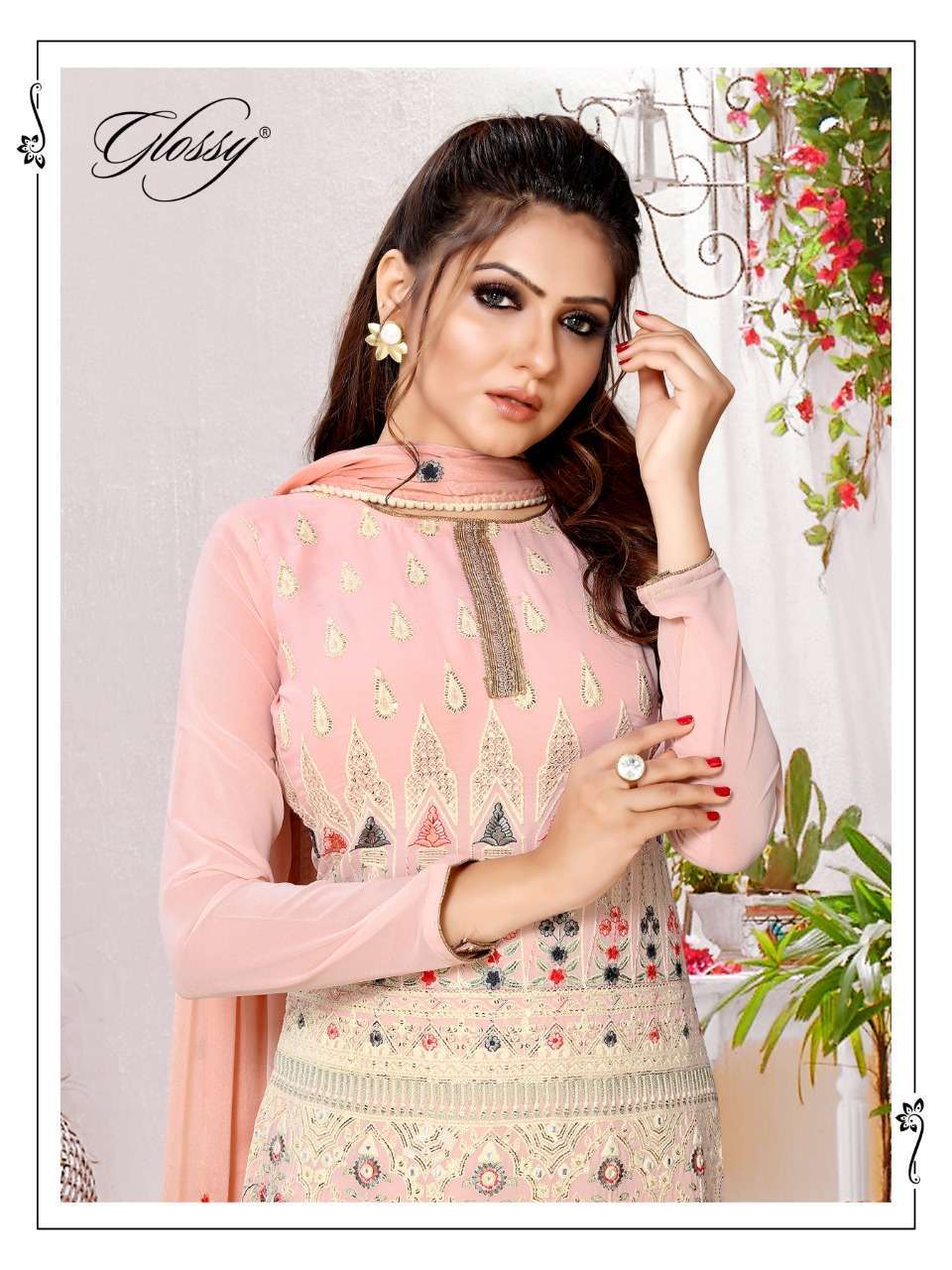 Glossy sana georgette with cotton thread work dress material...