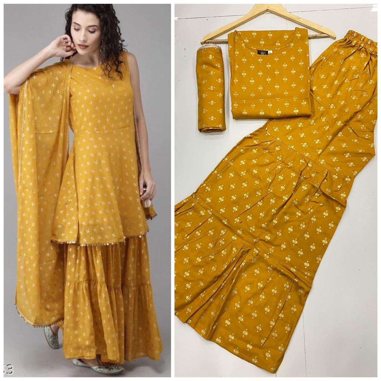 Jainex Rayon cotton with foil print kurti with sharara colle...