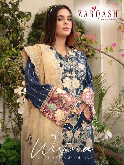 Zarqash wisteria printed lawn cotton with embroidery work pa...