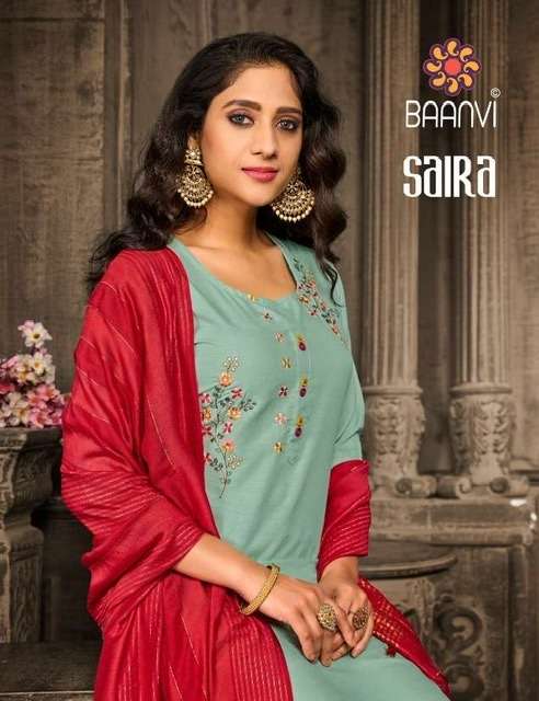Baanvi saira fancy fabric with embroidery work readymade sui...