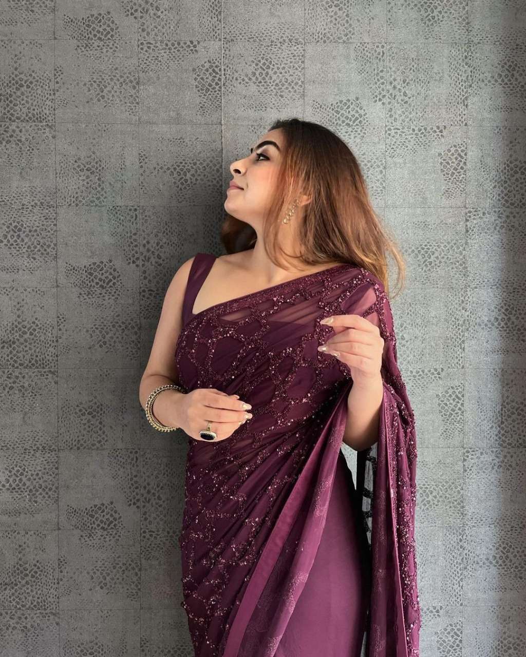Bt 259 Wine Colour Georgette with full sequence work saree c...