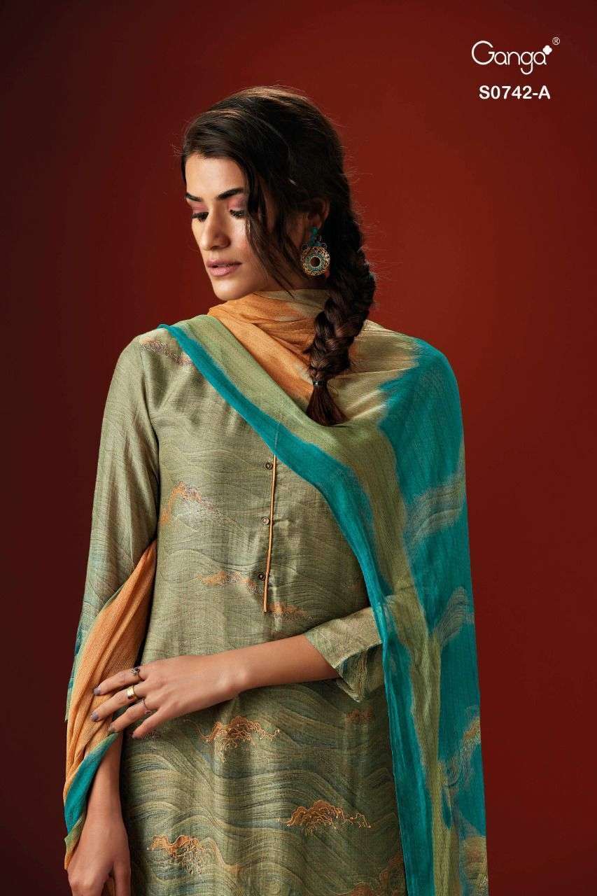 Ganga alva 742 Premium Bemberg Silk Printed With Hand Crafte...